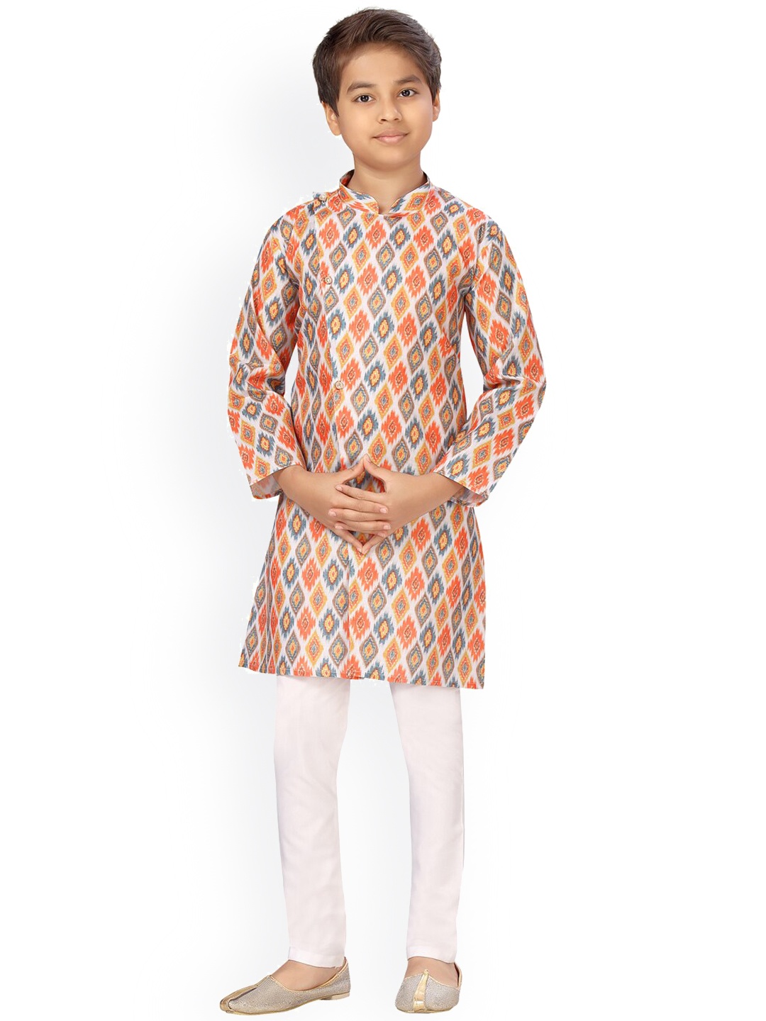 

Aarika Boys Orange & Yellow Printed Angrakha Pure Cotton Kurta with Pyjamas