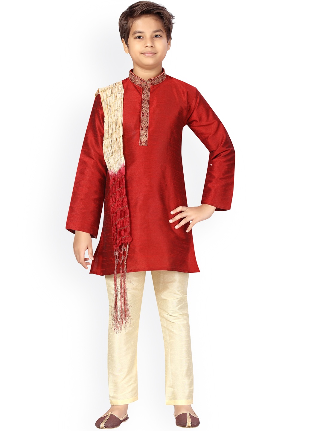 

Aarika Boys Maroon Pure Silk Kurta with Trousers & With Dupatta