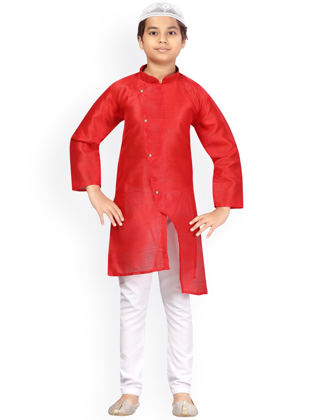 

Aarika Boys Red Angrakha Pure Silk Kurta with Pyjamas