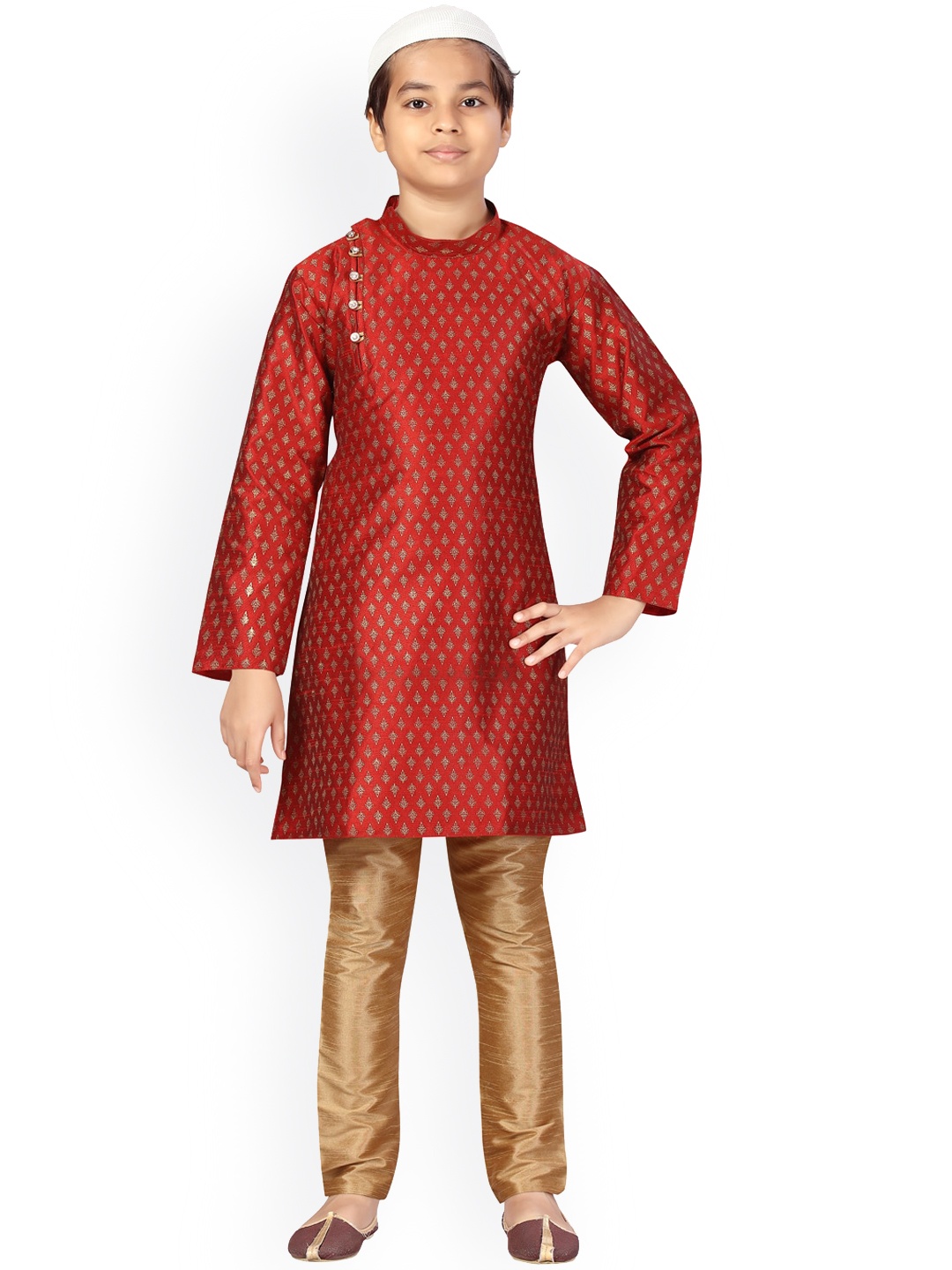 

Aarika Boys Maroon Ethnic Motifs Printed Pure Silk Kurta with Churidar