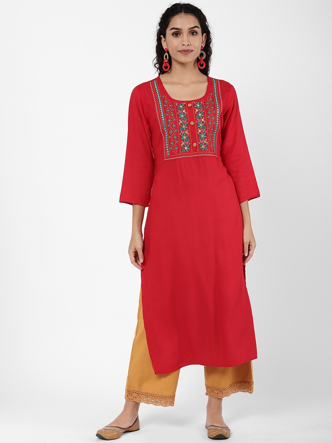 

R&B Women Red Geometric Yoke Design Mirror Work Kurta