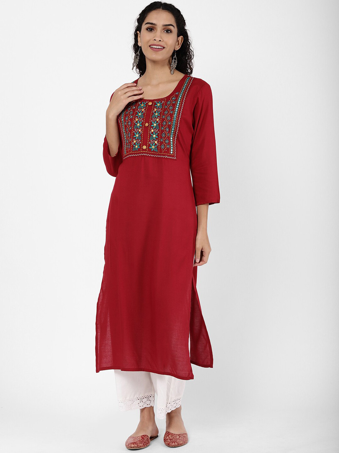 

R&B Women Red Round Neck Mirror Work Kurta