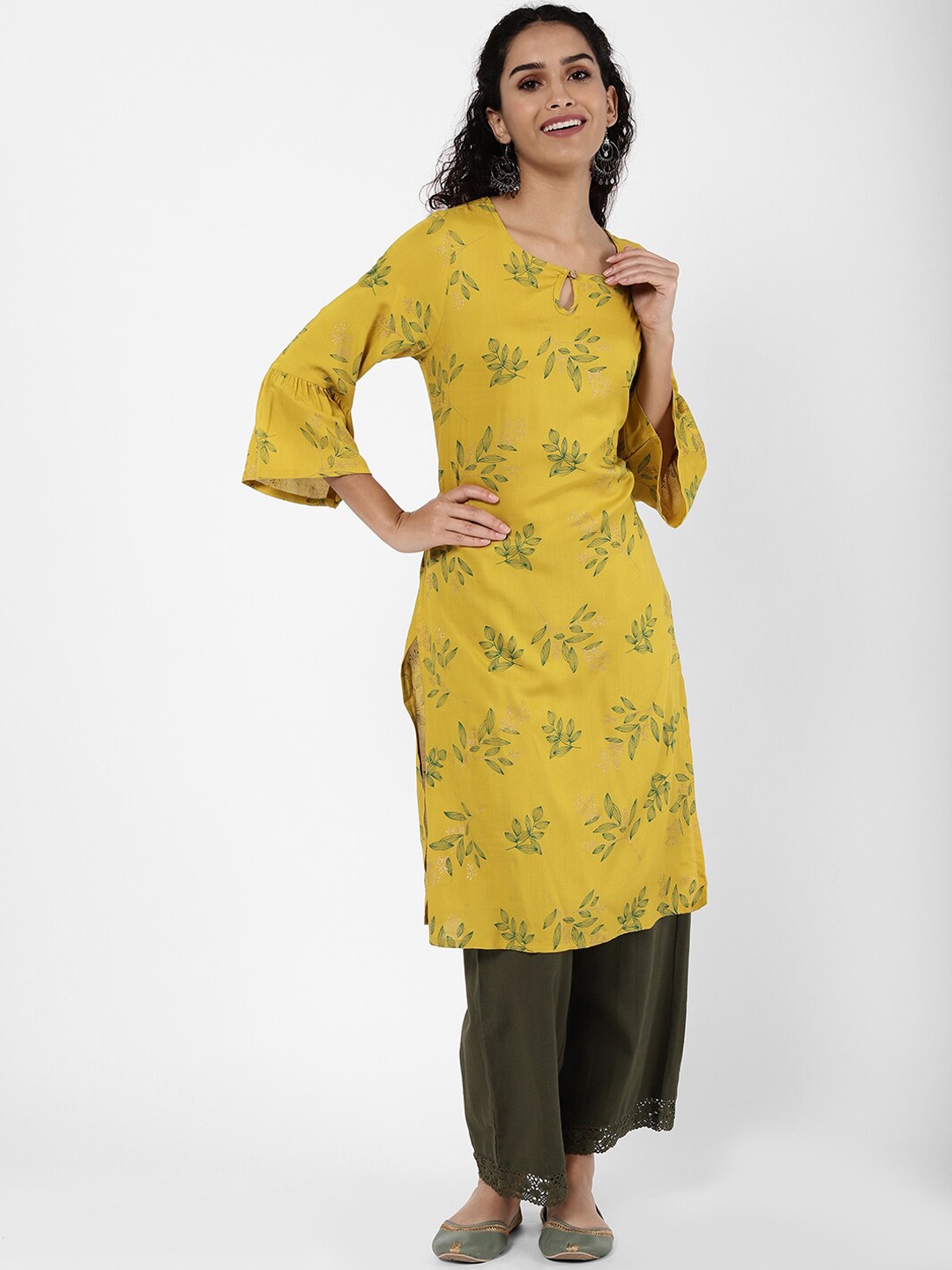 

R&B Women Yellow Floral Printed Flared Sleeves Thread Work Kurta
