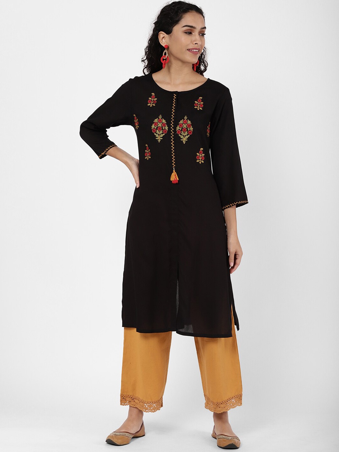 

R&B Women Black Floral Embroidered Flared Sleeves Thread Work Kurta