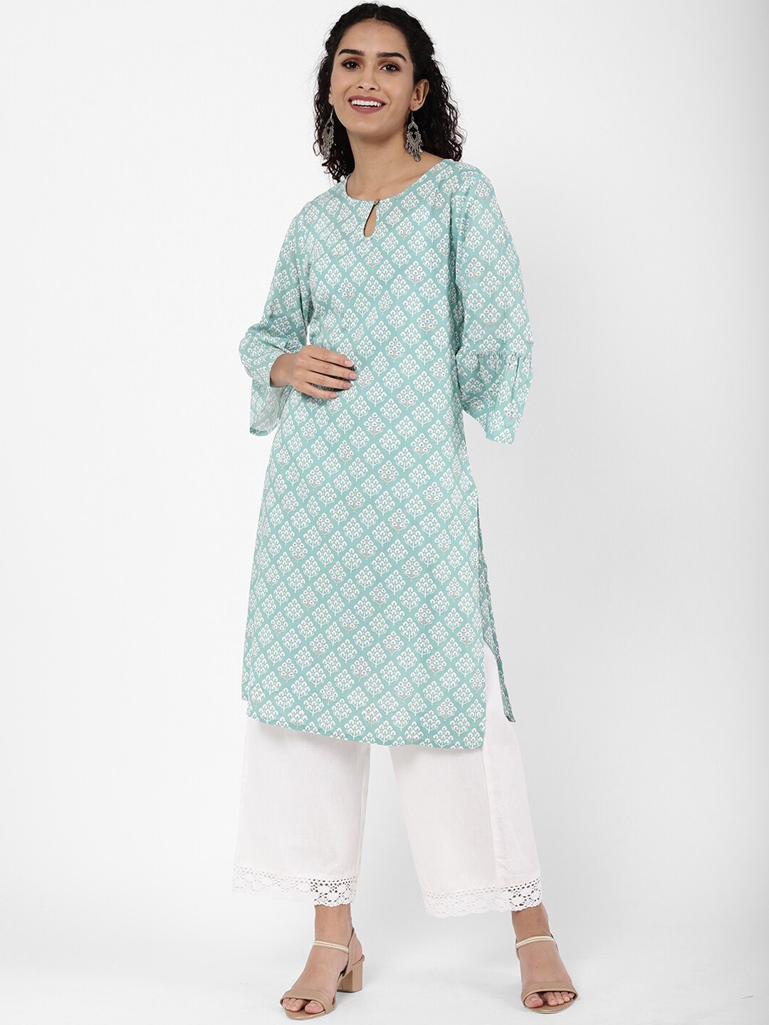 

R&B Women Blue Printed Keyhole Neck Flared Sleeves Thread Work Kurta