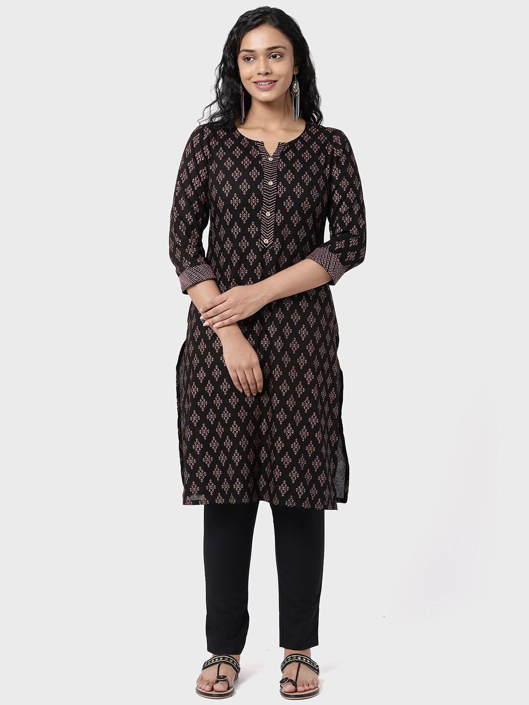 

R&B Women's Black Ethnic Motifs Keyhole Neck Kurta