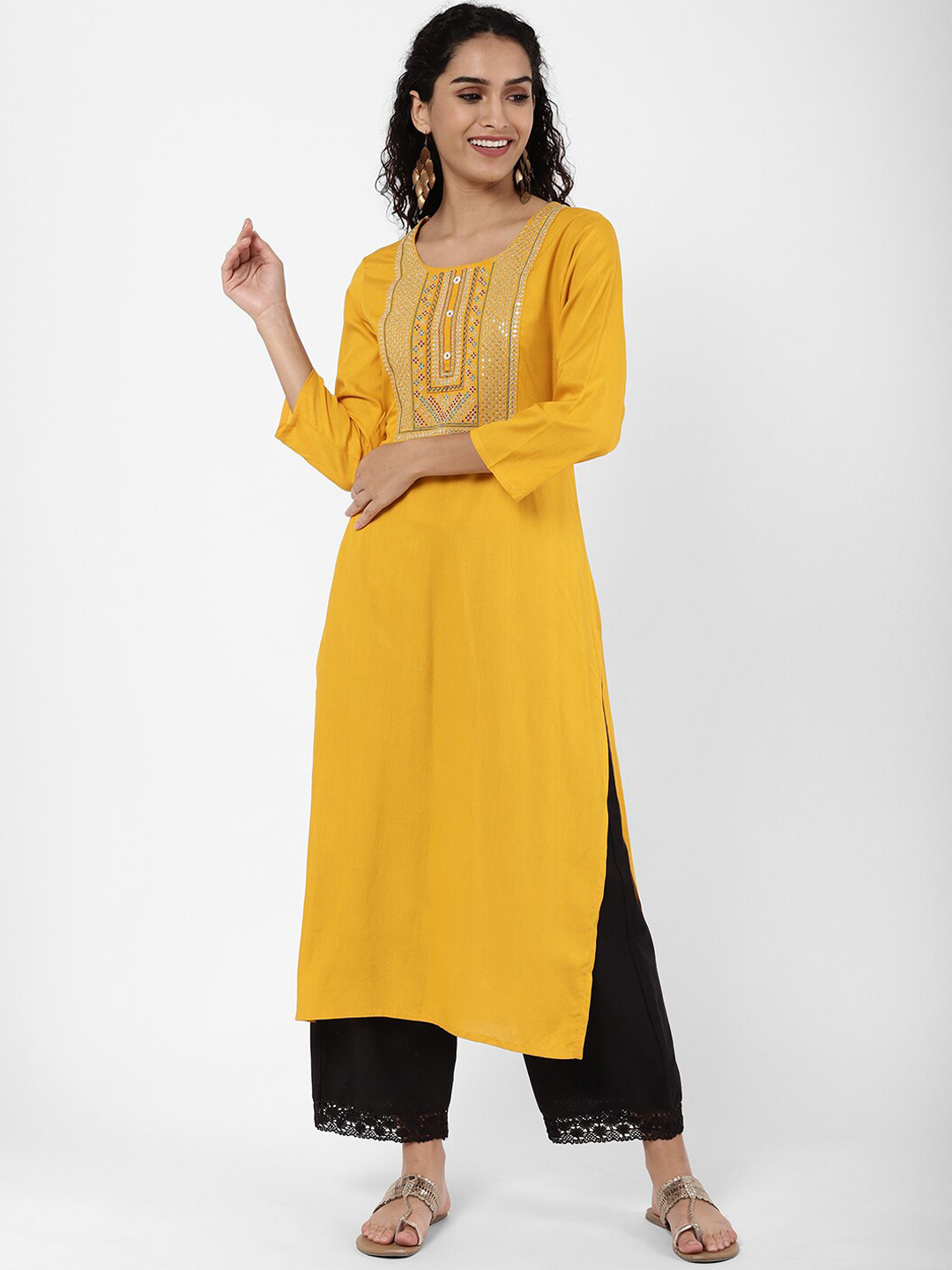 

R&B Women Yellow Embroidered Thread Work Kurta