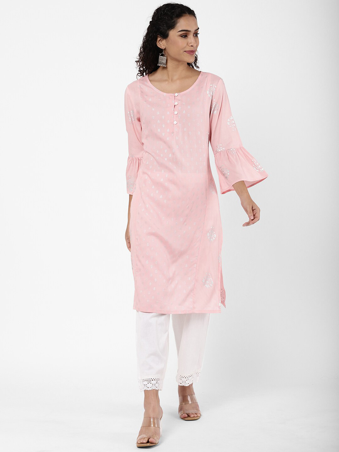 

R&B Women Pink Embroidered Bell Sleeves Kurta