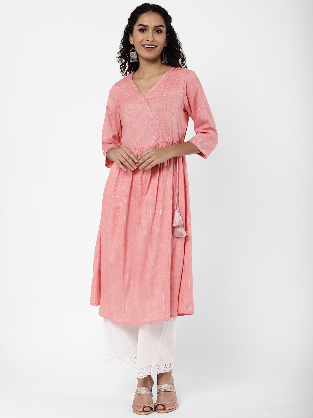 

R&B Women Peach-Coloured Striped Thread Work Kurta