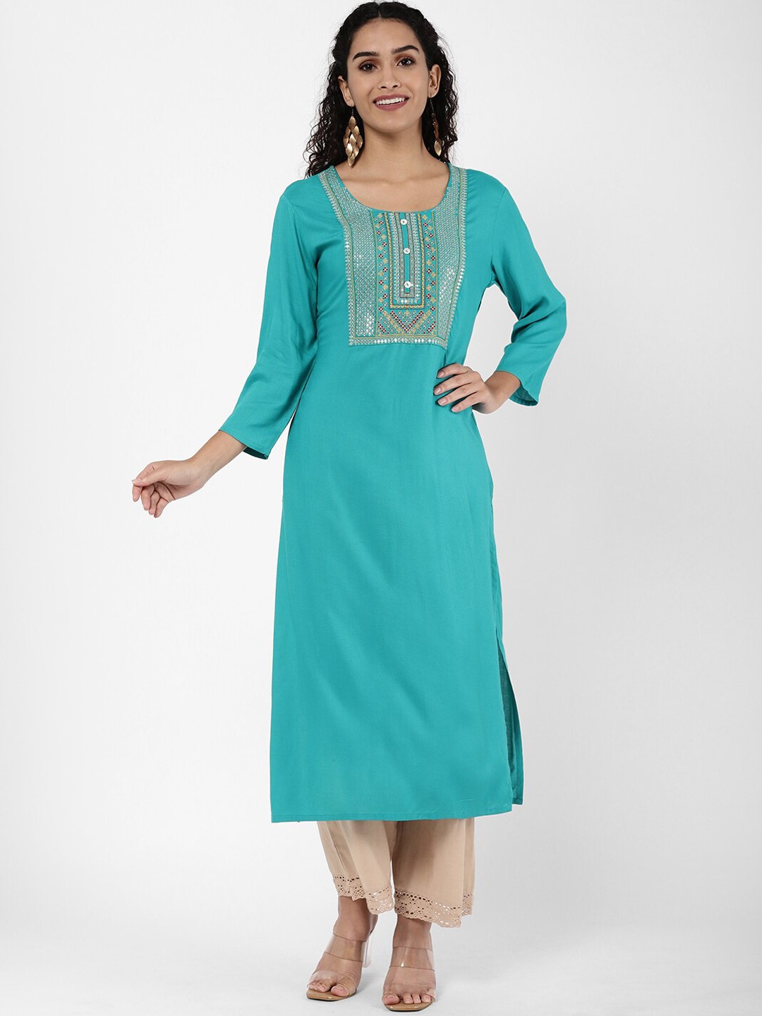 

R&B Women Brown Flared Sleeves Thread Work Kurta