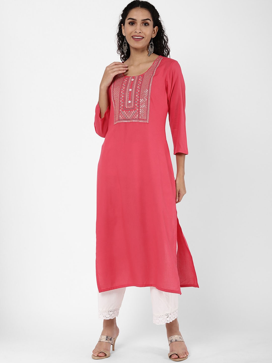 

R&B Women Pink Yoke Design Mirror Work Kurta