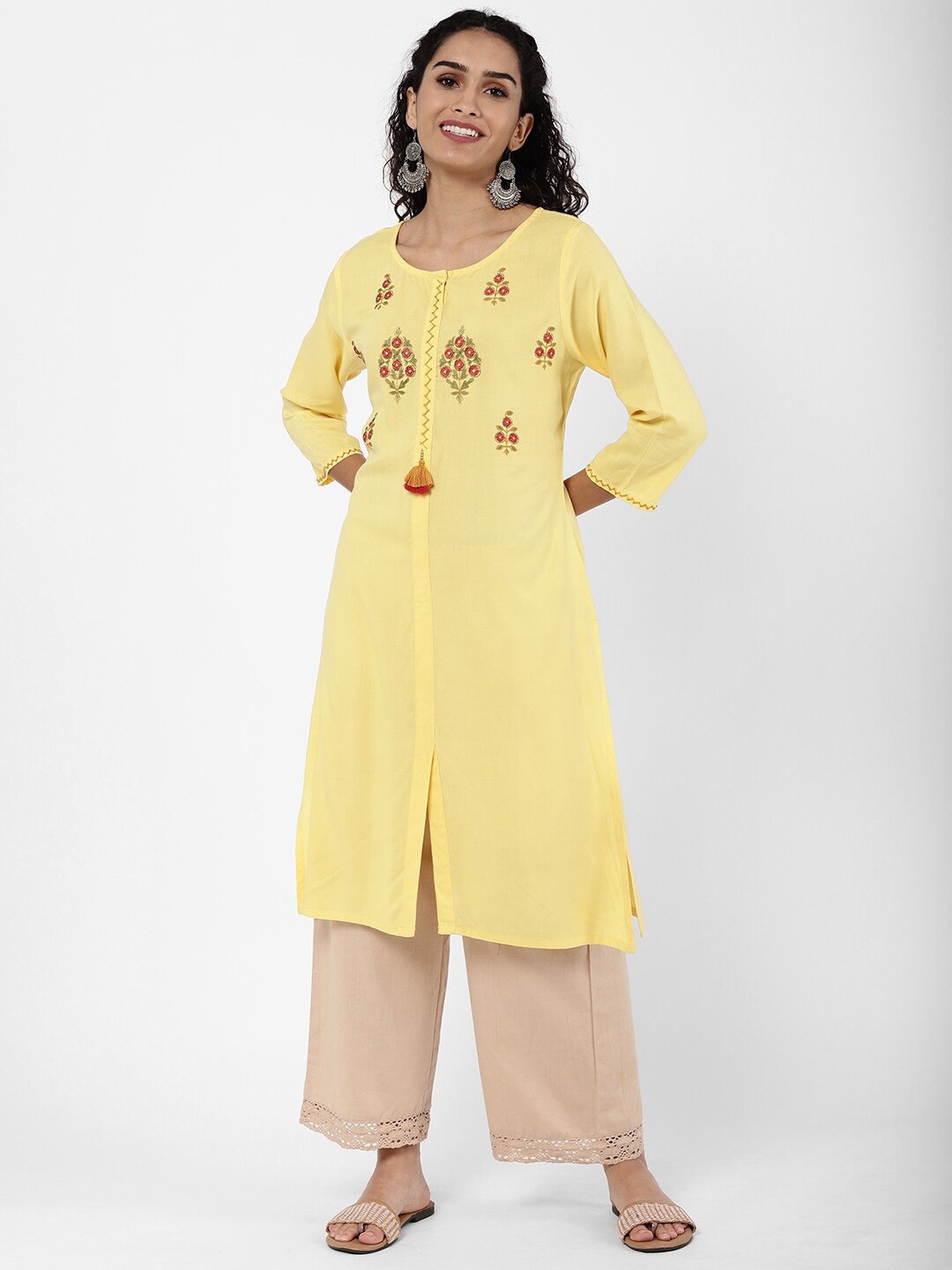 

R&B Women Yellow Floral Embroidered Kurta