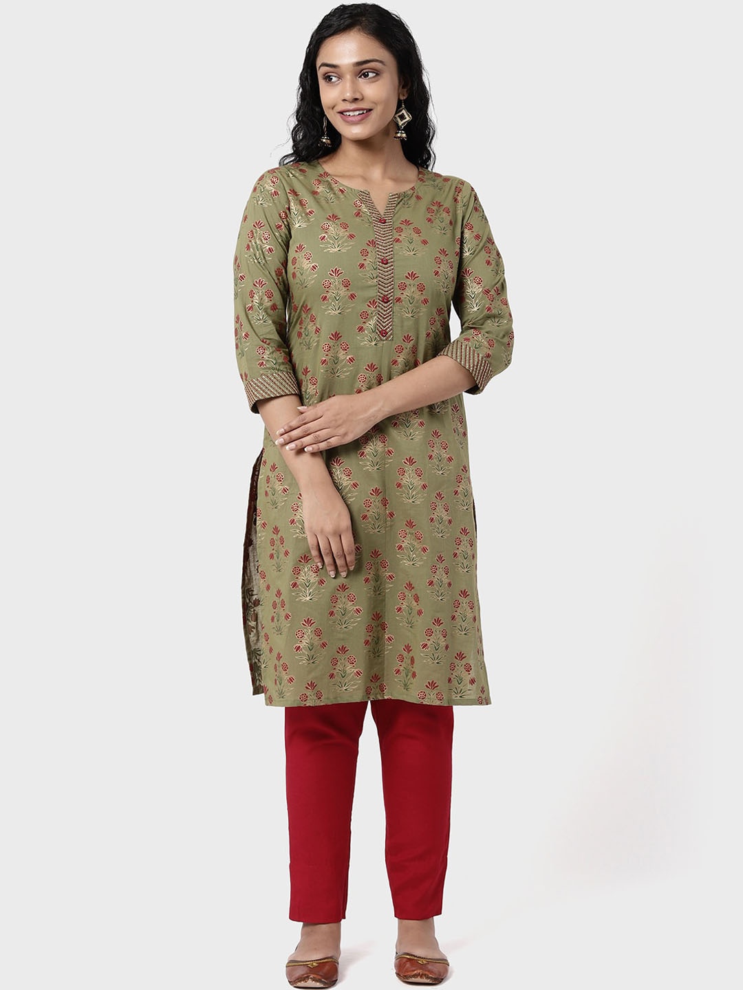 R&B Women Olive Green Floral Embroidered Kurta