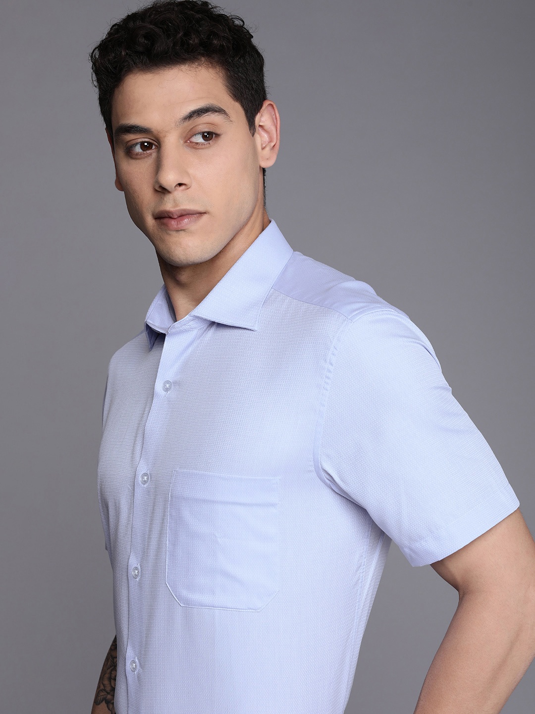 

Louis Philippe Men Blue Pure Cotton Classic Short Sleeve Formal Shirt