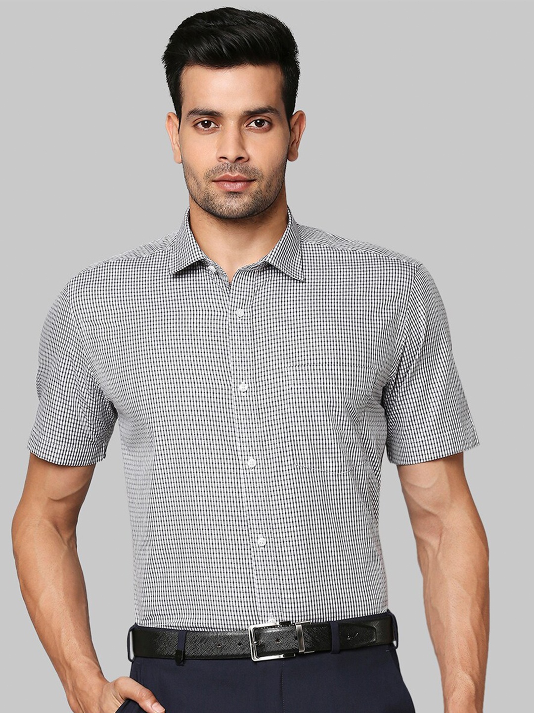 

Park Avenue Men Grey Slim Fit Micro Checks Printed Formal Shirt