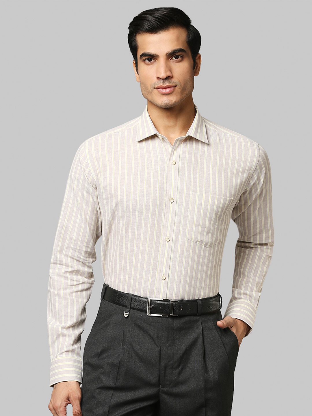 

Park Avenue Men Beige Slim Fit Striped Formal Shirt