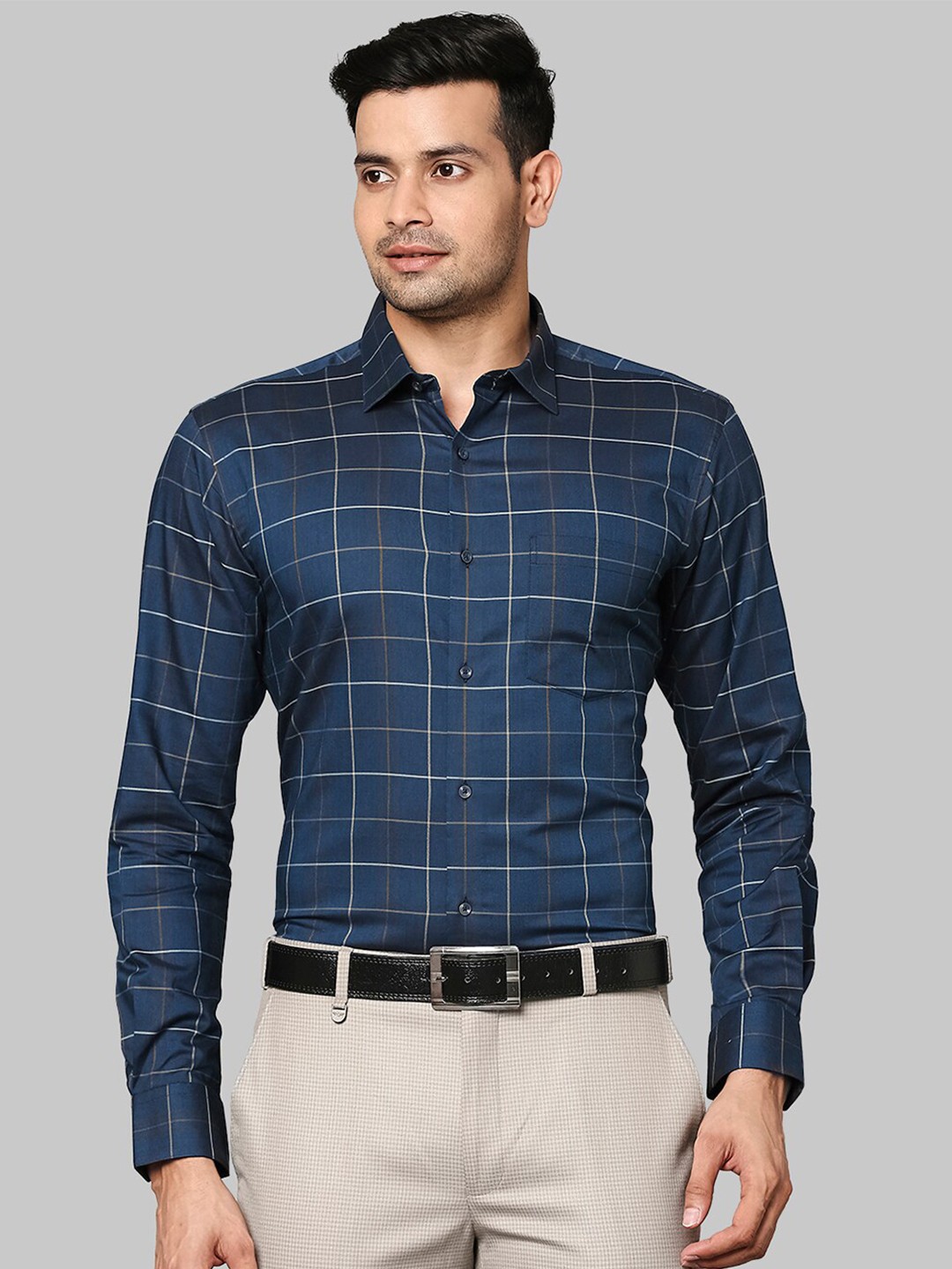 

Park Avenue Men Blue Windowpane Checks Checked Formal Shirt