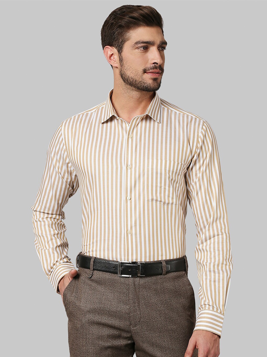 

Park Avenue Men Beige Slim Fit Striped Formal Shirt