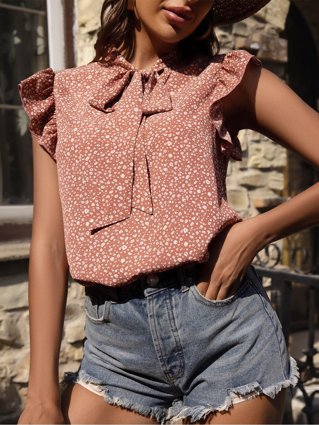 

La Aimee Pink Print Tie-Up Neck Top
