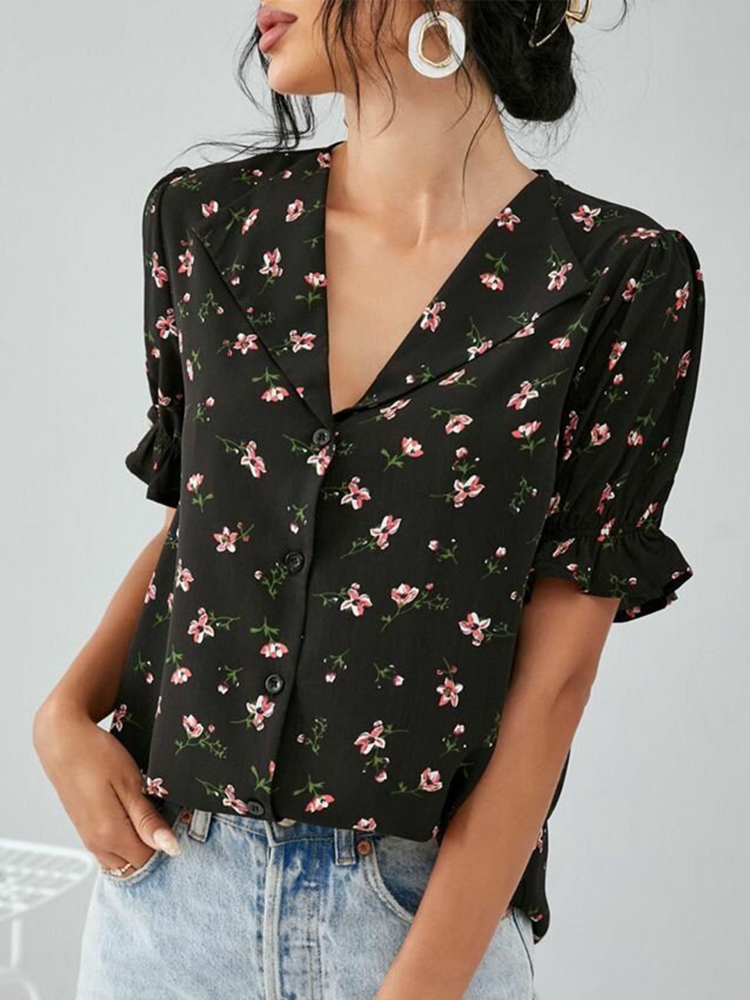 

La Aimee womens Black & Pink Floral Print Top