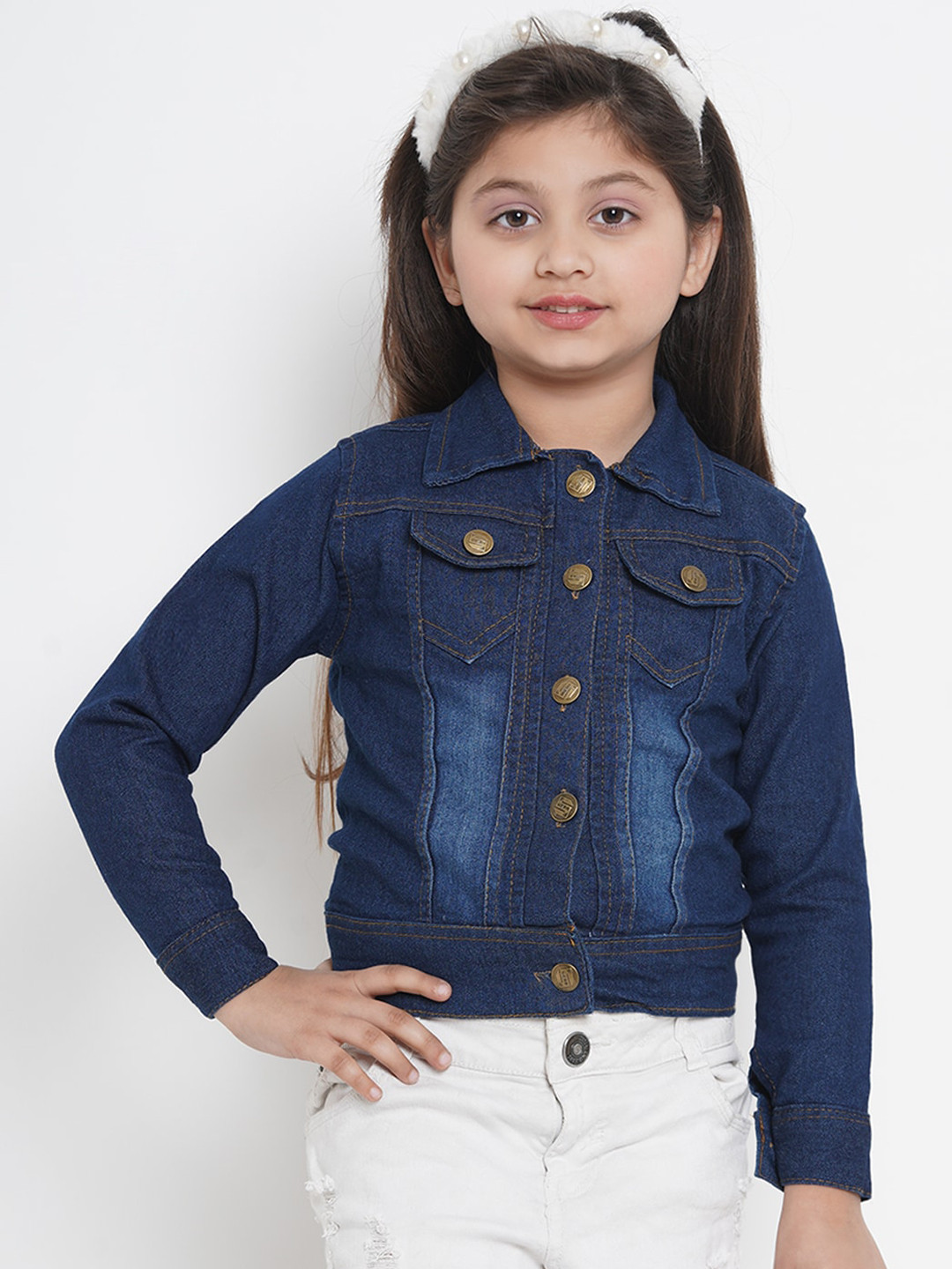 

Bitiya by Bhama Girls Blue Lightweight Crop Denim Jacket with Patchwork