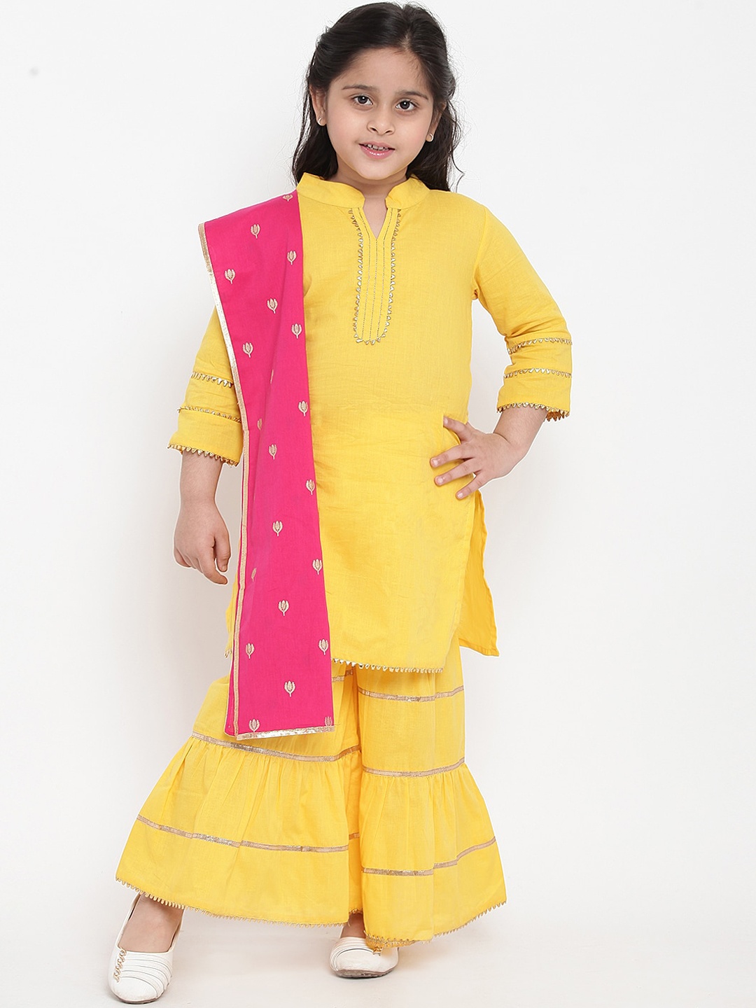 

Bitiya by Bhama Girls Yellow Pure Cotton Kurti with Sharara & Dupatta