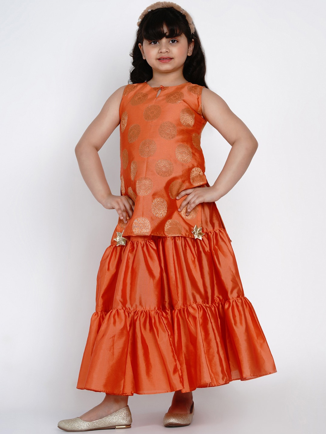 

Bitiya by Bhama Girls Orange Ethnic Motifs Embroidered Layered Kurti with Sharara