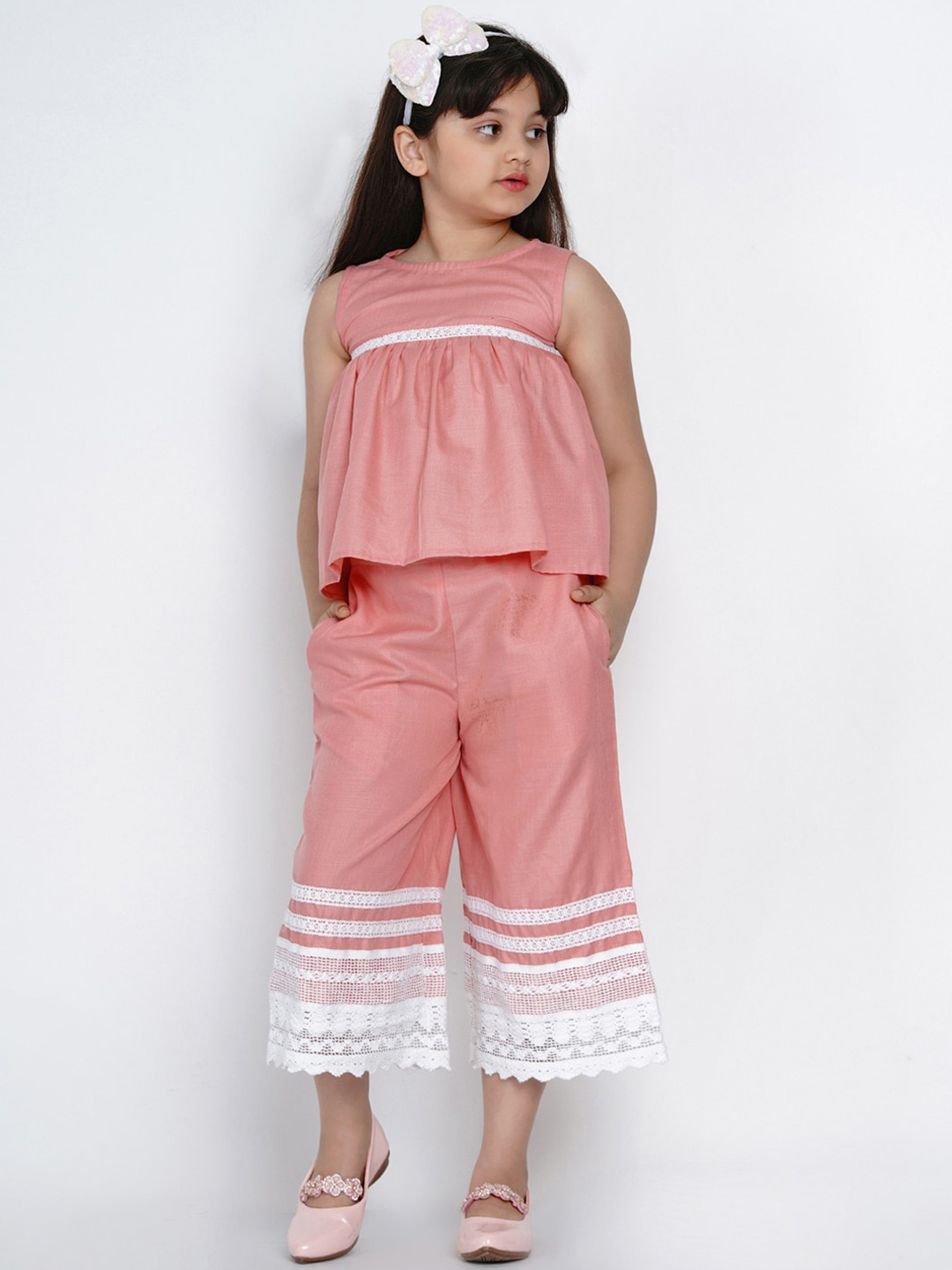 

Bitiya by Bhama Girls Peach & White Top with Palazzos
