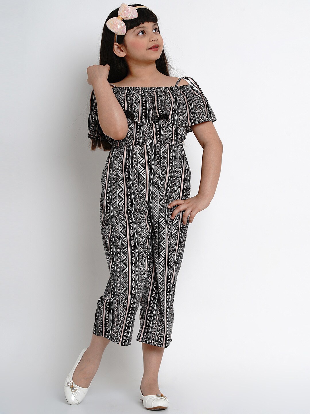 

Bitiya by Bhama Girls Black & Off White Printed Off-Shoulder Culotte Jumpsuit