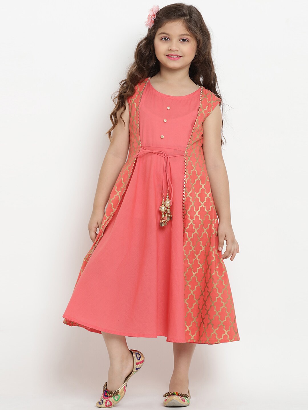 

Bitiya by Bhama Girls Peach-Coloured Ethnic Motifs Layered Ethnic A-Line Midi Dress