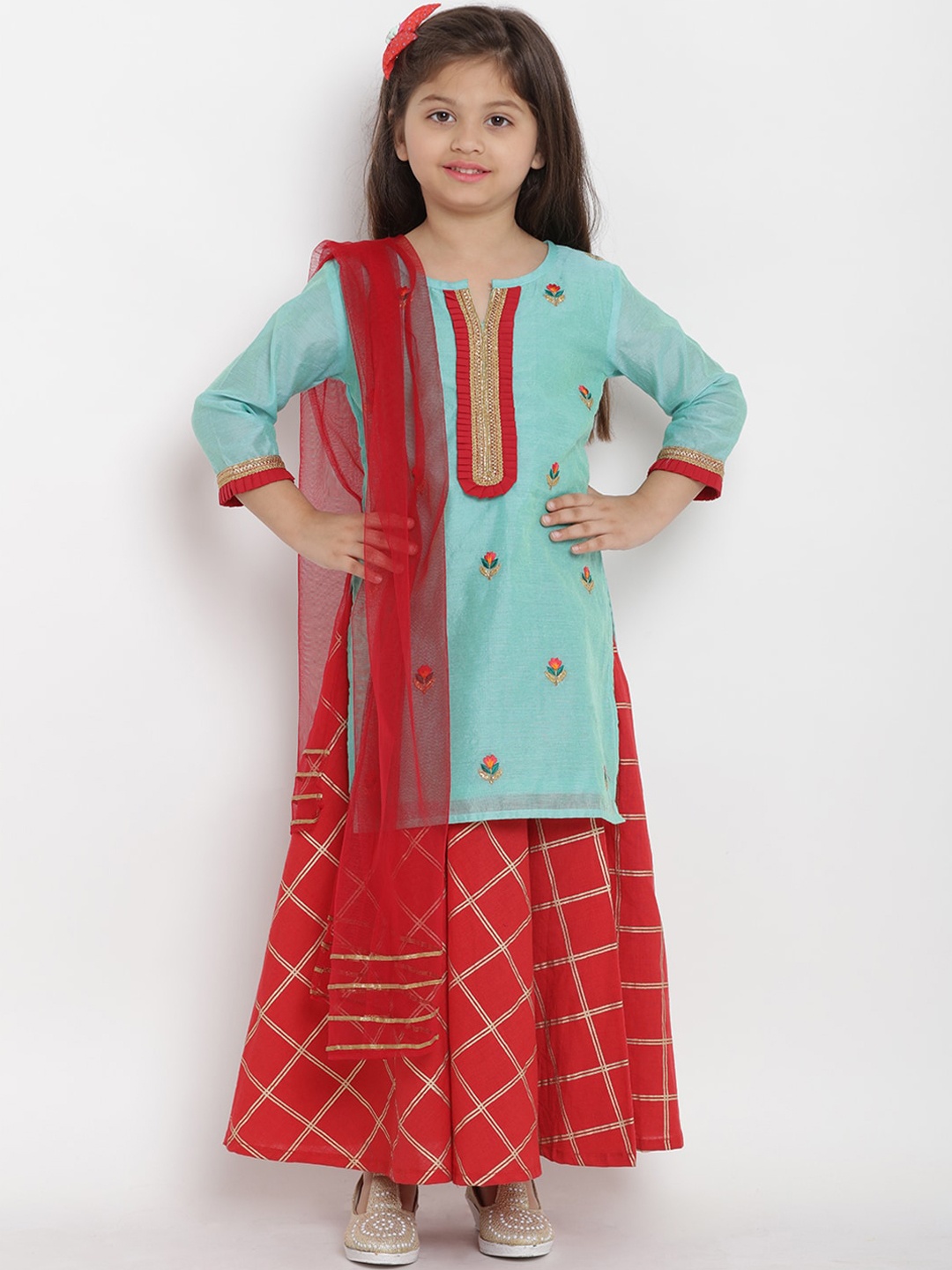 

Bitiya by Bhama Girls Sea Green Embroidered Layered Pure Cotton Kurti with Skirt & With Dupatta