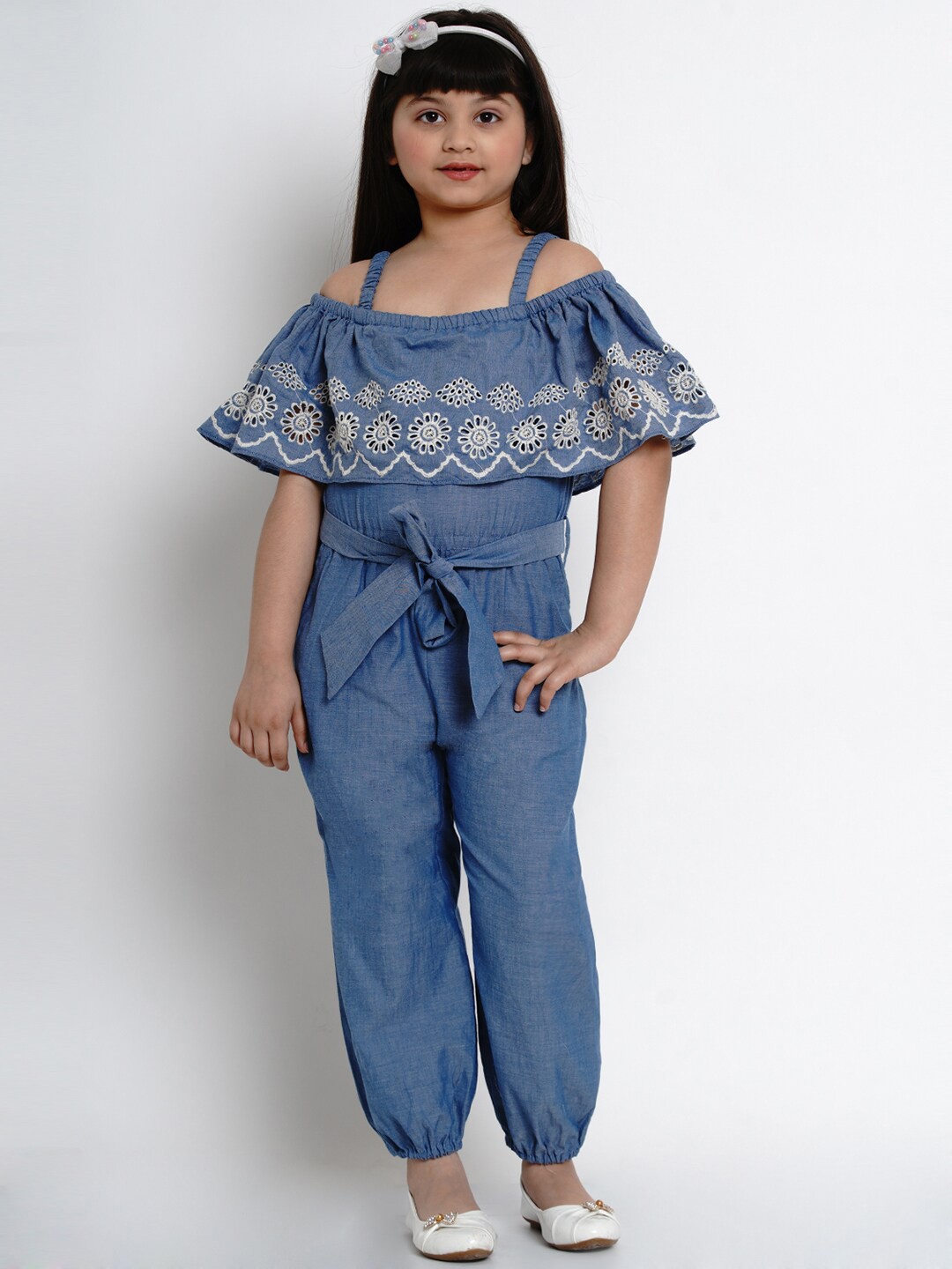 

Bitiya by Bhama Girls Blue & White Off-Shoulder Basic Jumpsuit with Ruffles