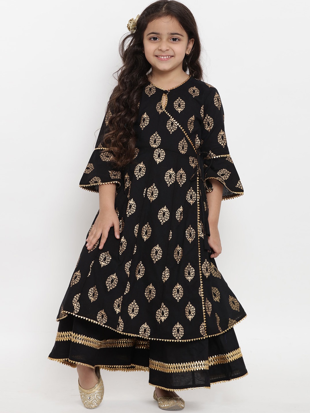 

Bitiya by Bhama Girls Black Ethnic Motifs Printed Angrakha Pure Cotton Kurta with Palazzos