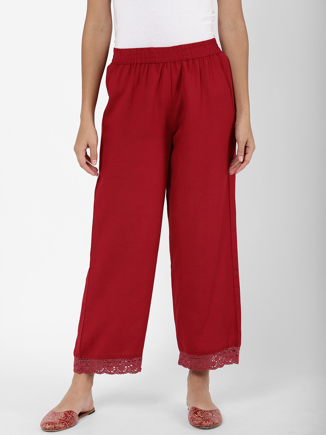

R&B Women's Red Relaxed Straight Leg Loose Fit Trousers