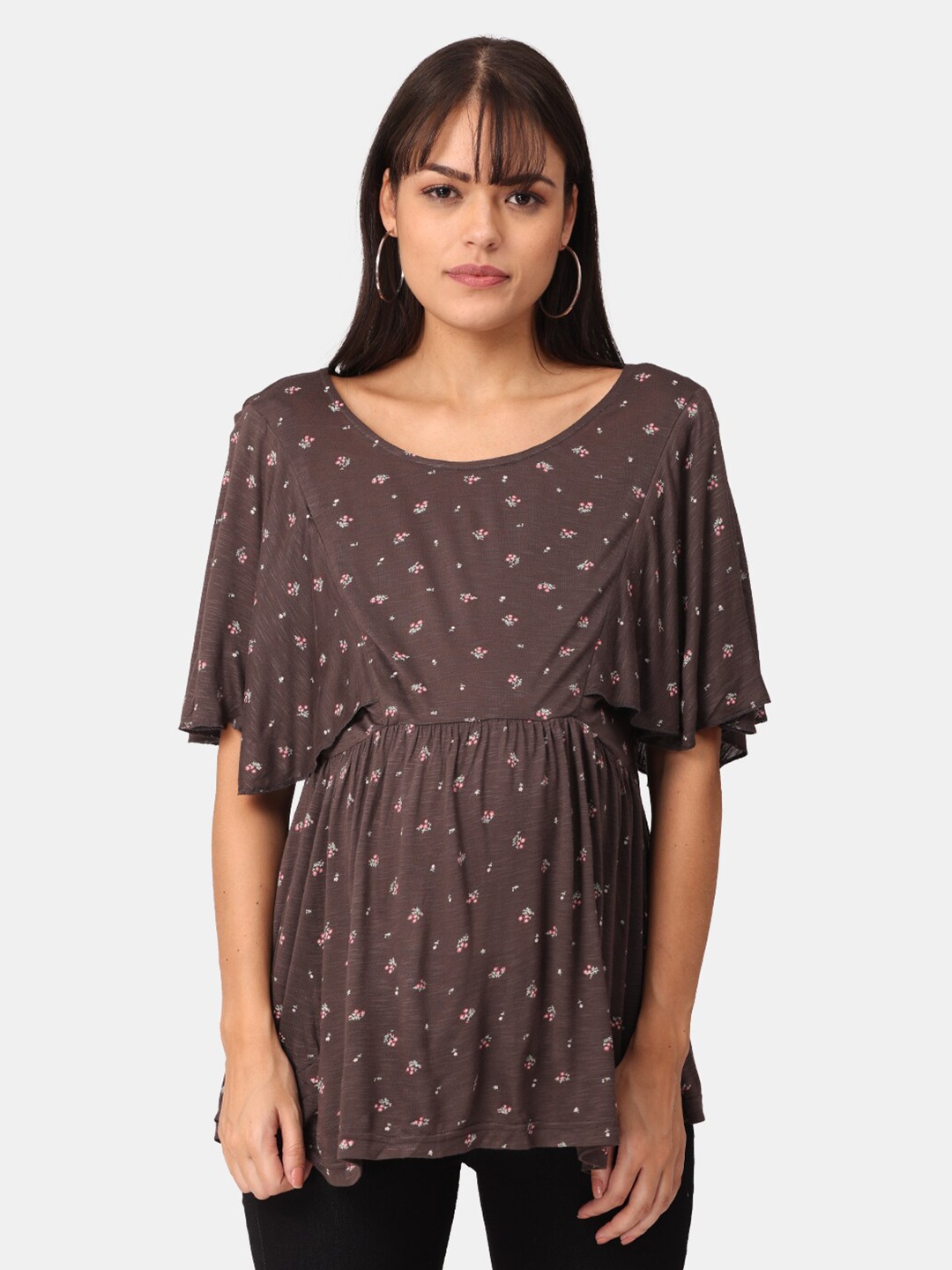 

The Mom Store Brown Embellished Extended Sleeves Maternity Cinched Waist Top