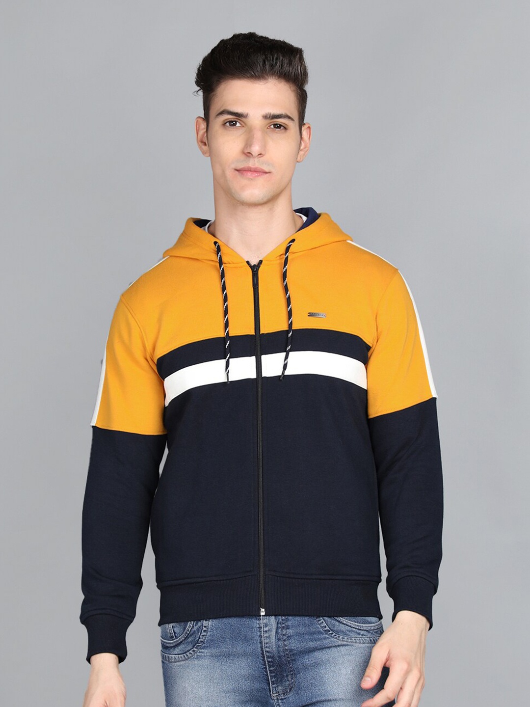 

PROTEX Men Black & Mustard Colourblocked Hooded Sweatshirt