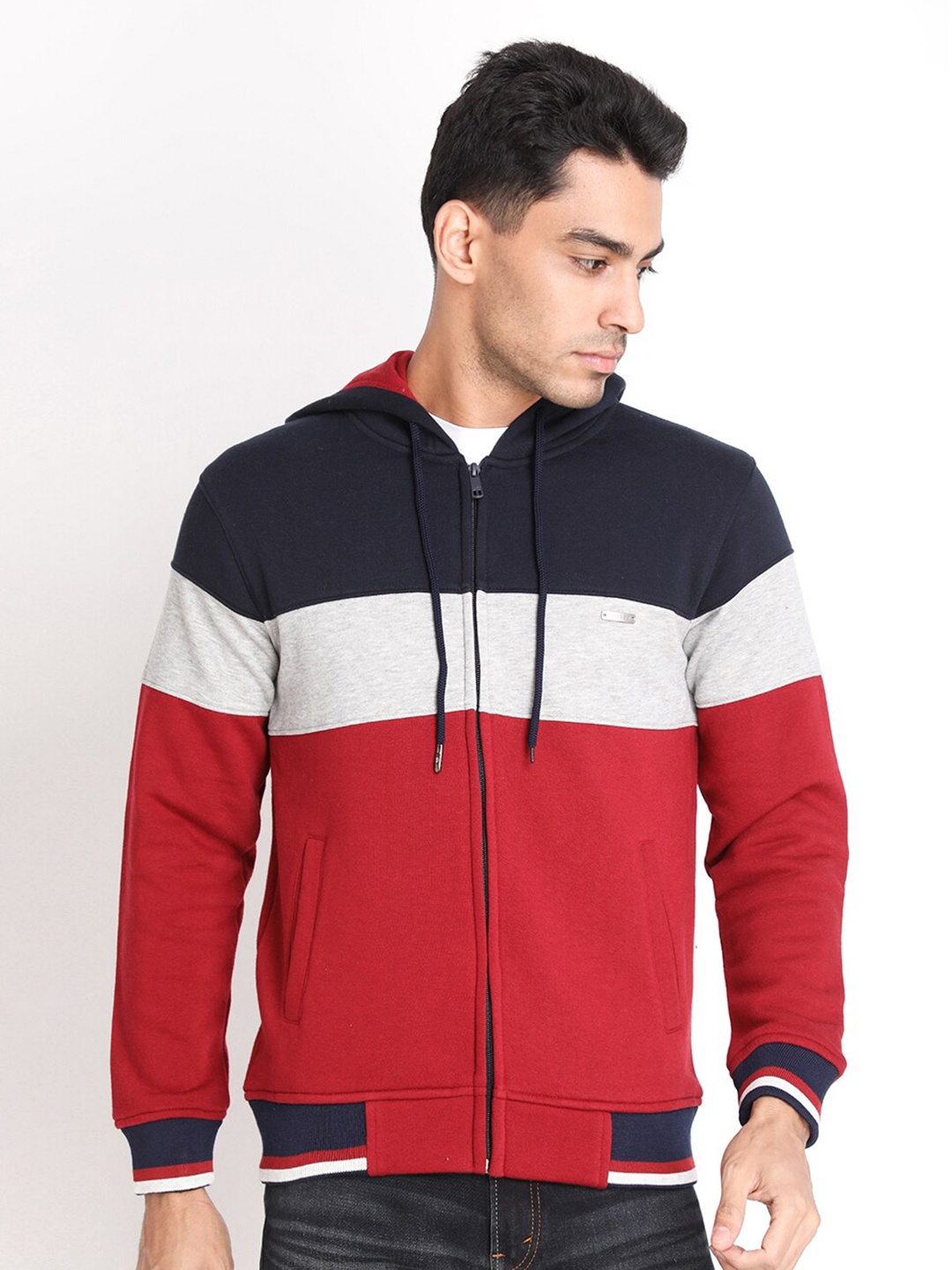 

PROTEX Men Navy Blue Colourblocked Hooded Sweatshirt