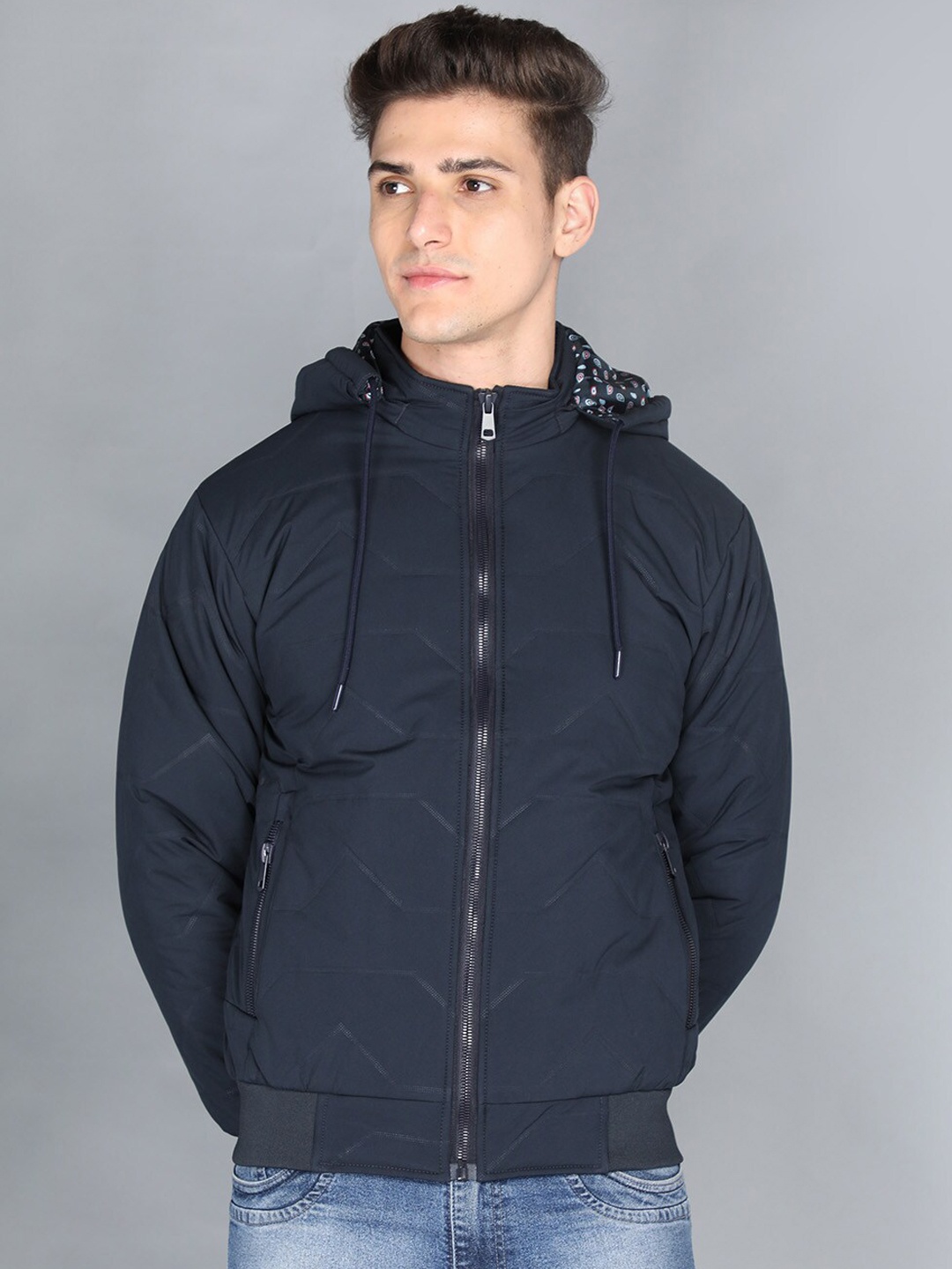 

PROTEX Men Navy Blue Outdoor Hooded Bomber Jacket