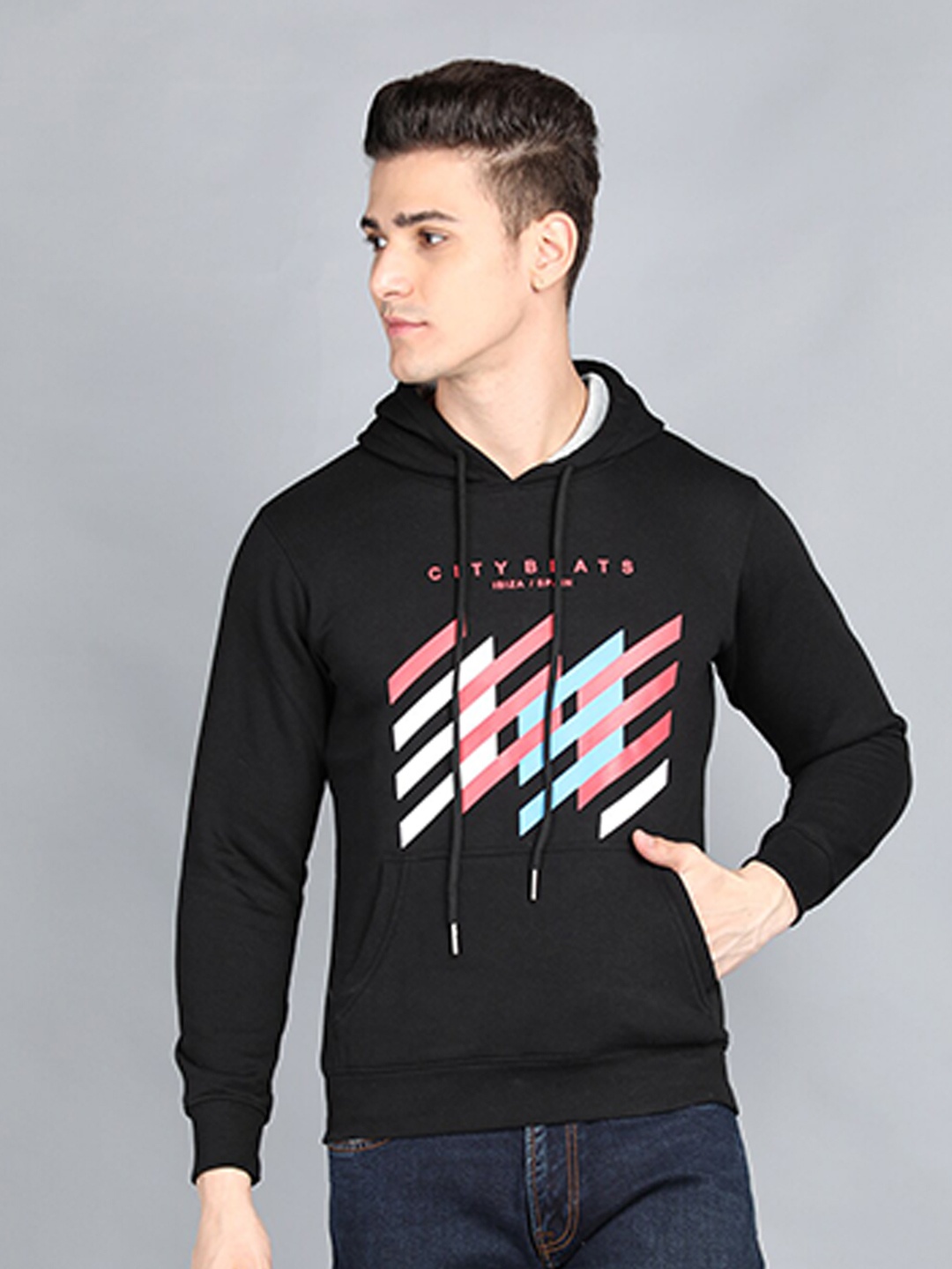

PROTEX Men Black Printed Hooded Sweatshirt