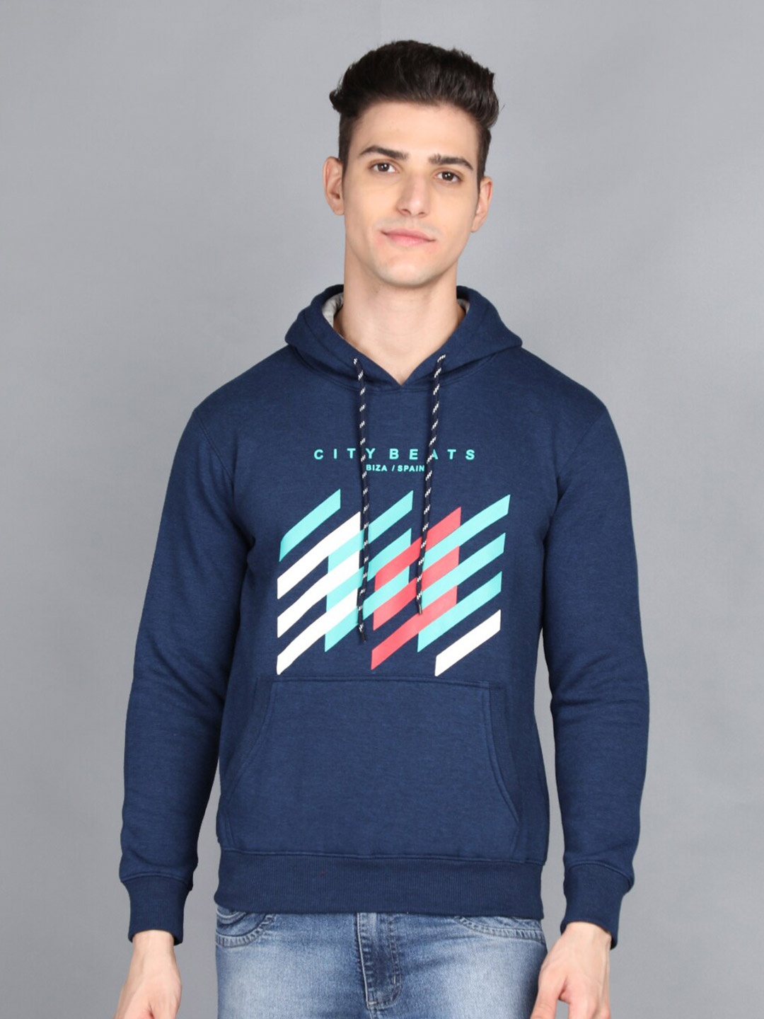 

PROTEX Men Blue Printed Hooded Sweatshirt