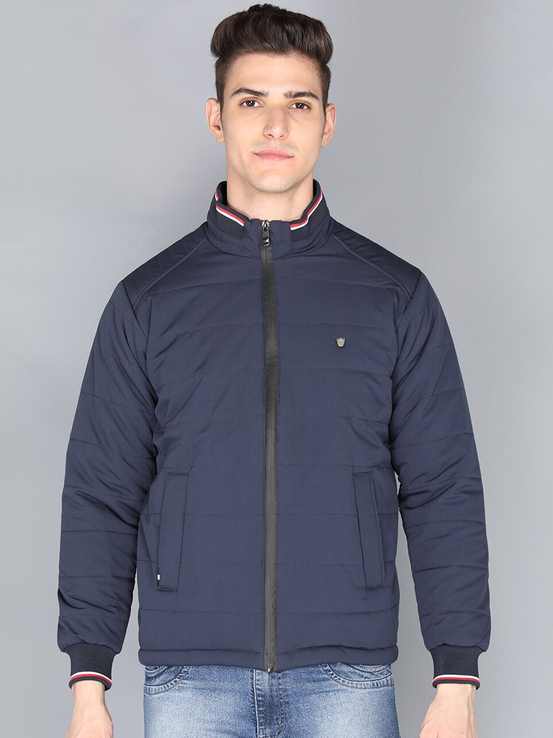 

PROTEX Men Navy Blue Striped Outdoor Denim Jacket