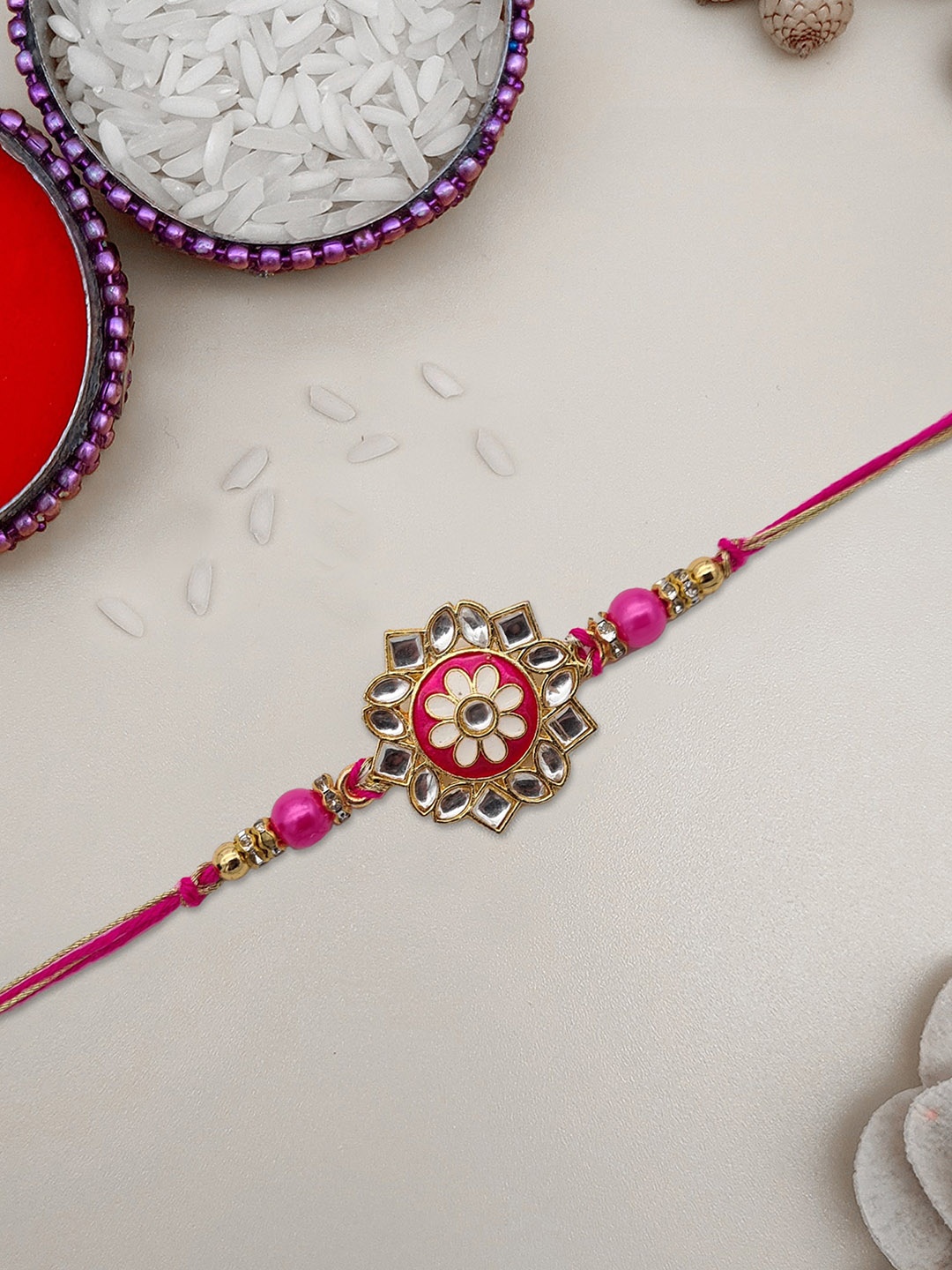 

STYBUZZ Pink Meenakari Kundan Studded Rakhi Set