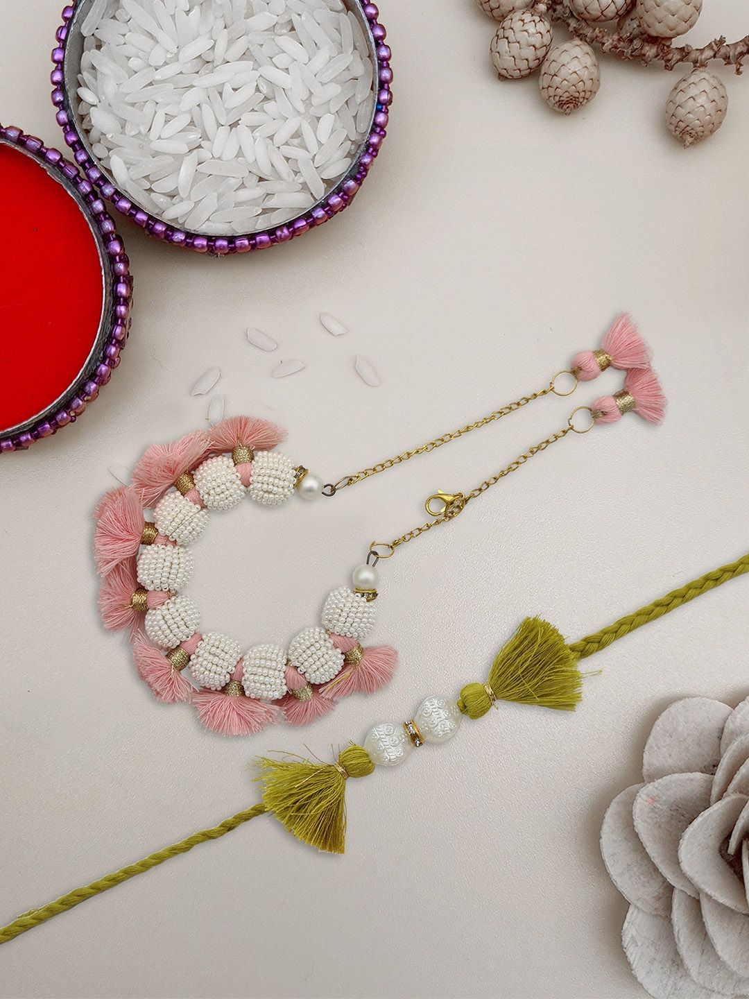 

STYBUZZ Pack Of 2 Pink & Green Pearl Beaded Rakhi