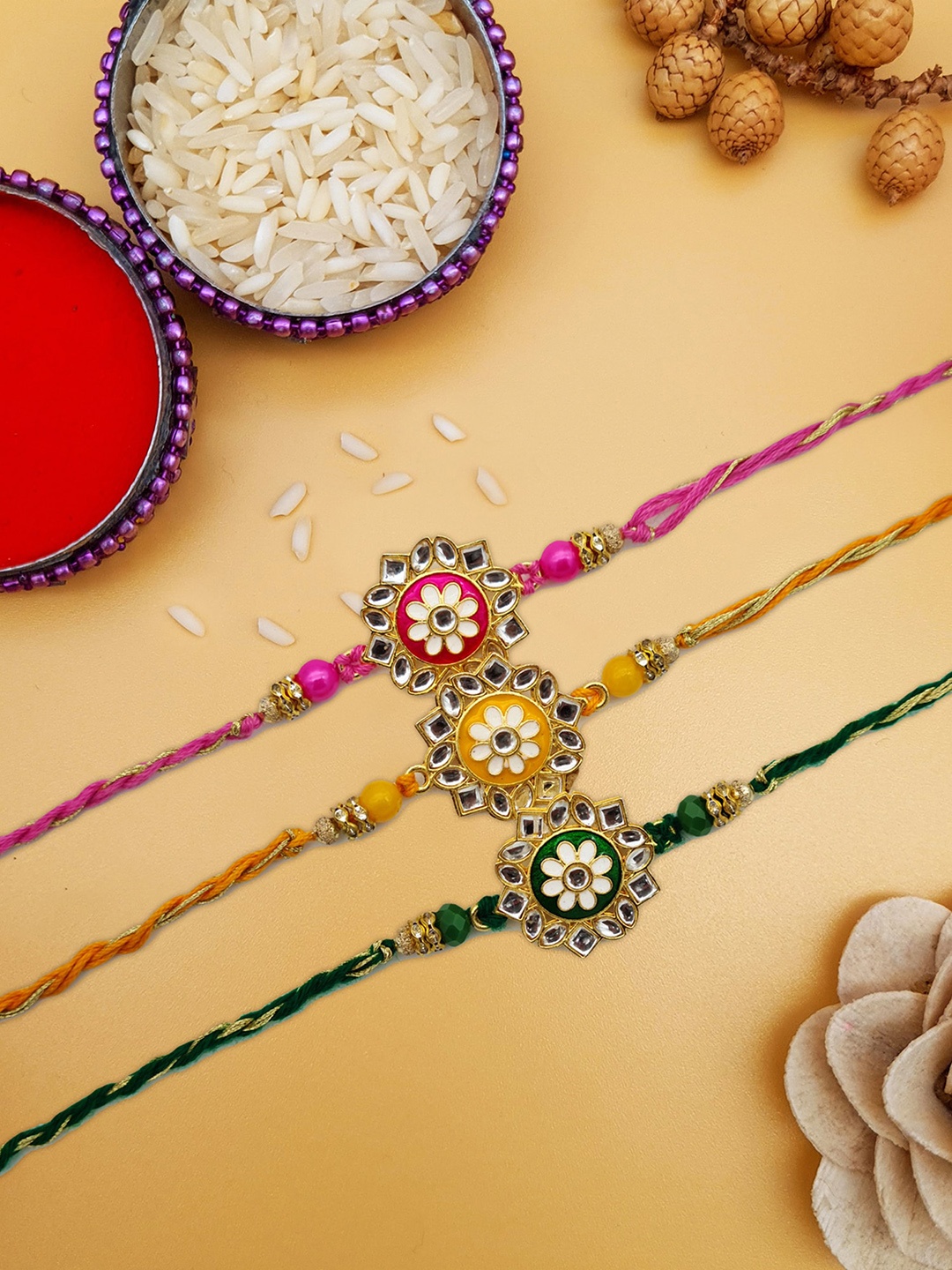 

STYBUZZ Multicoloured 3 Rakhis with Roli Chawal & Greetings Card, Multi