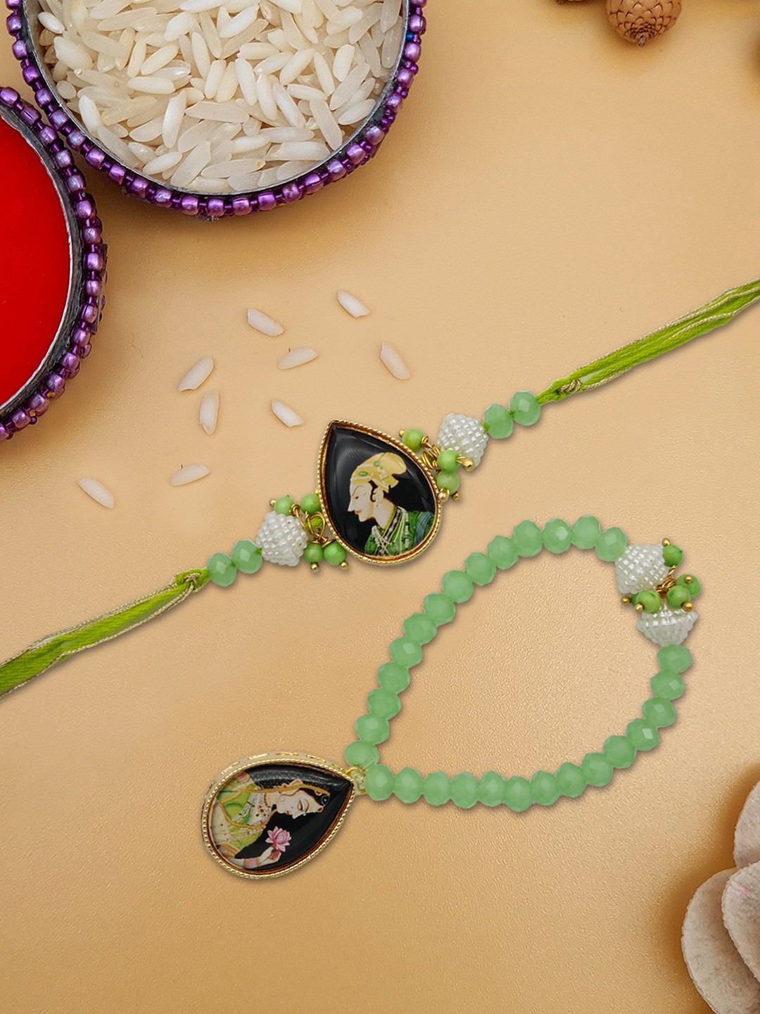 

STYBUZZ Set Of 2 Green Pearl Beaded Rakhi