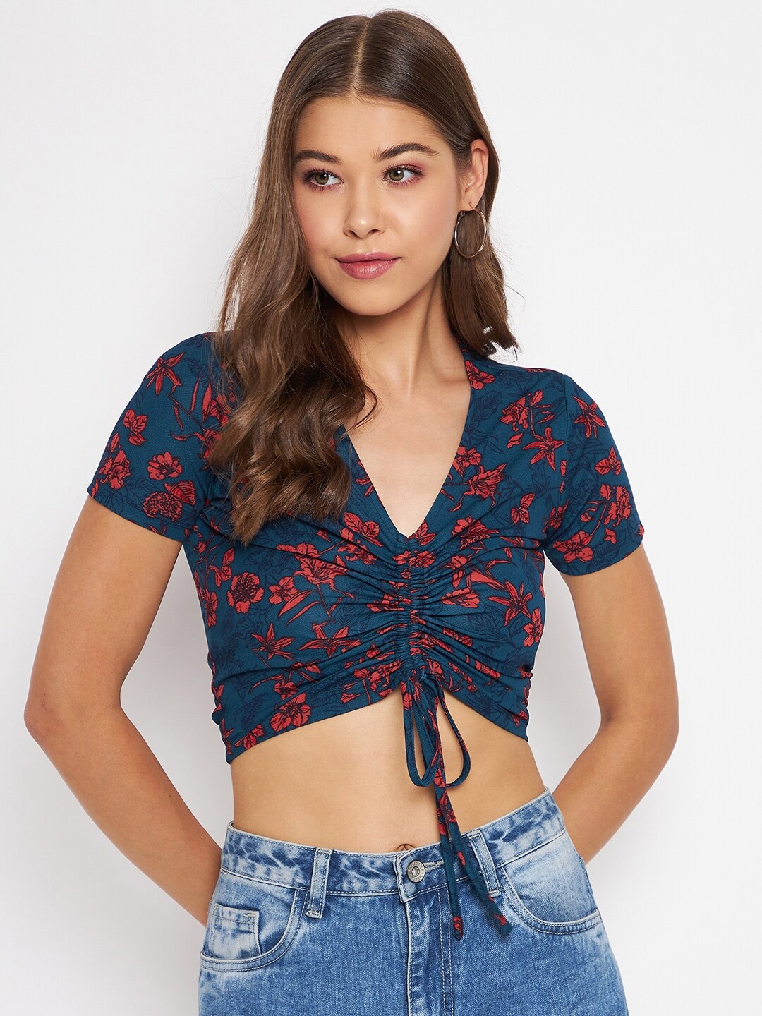 

Uptownie Lite Women Stretchable Front Drawstring Ruched Crop Top, Navy blue