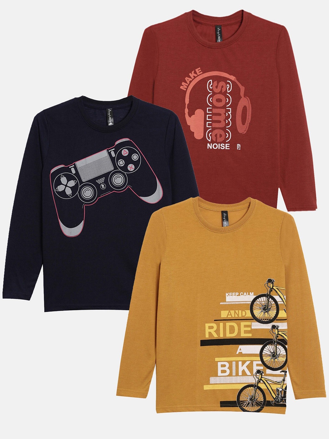 

Maniac Boys Black & Mustard Yellow Typography Set of 3 Printed Slim Fit T-shirt