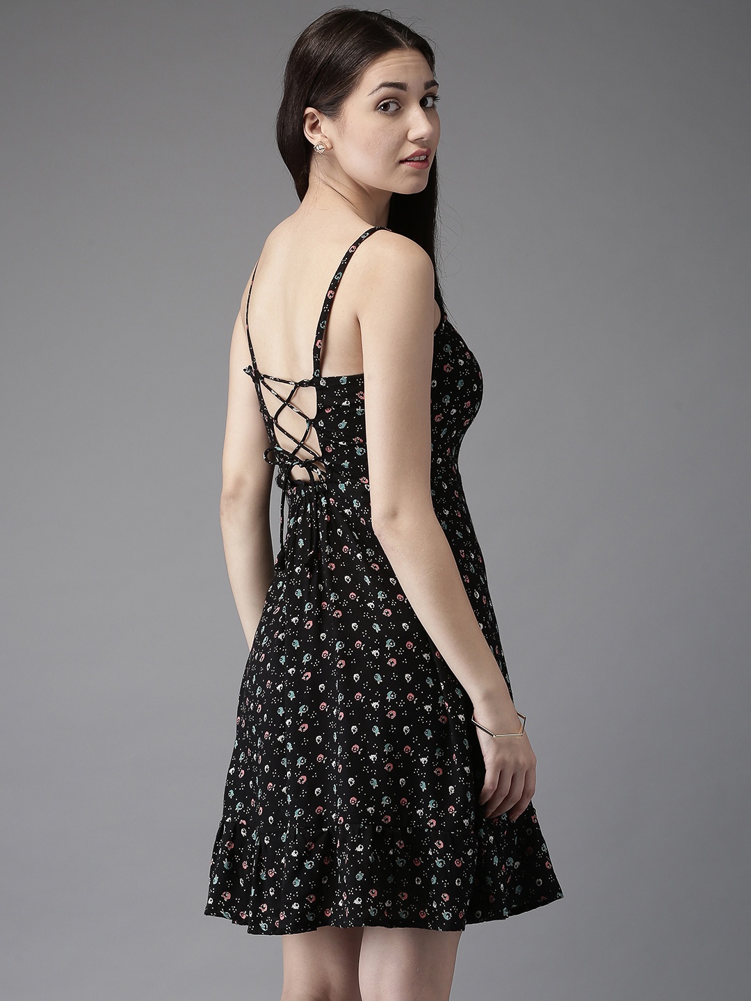 

Moda Rapido Women Black Lightweight Printed Drop-Waist Dress