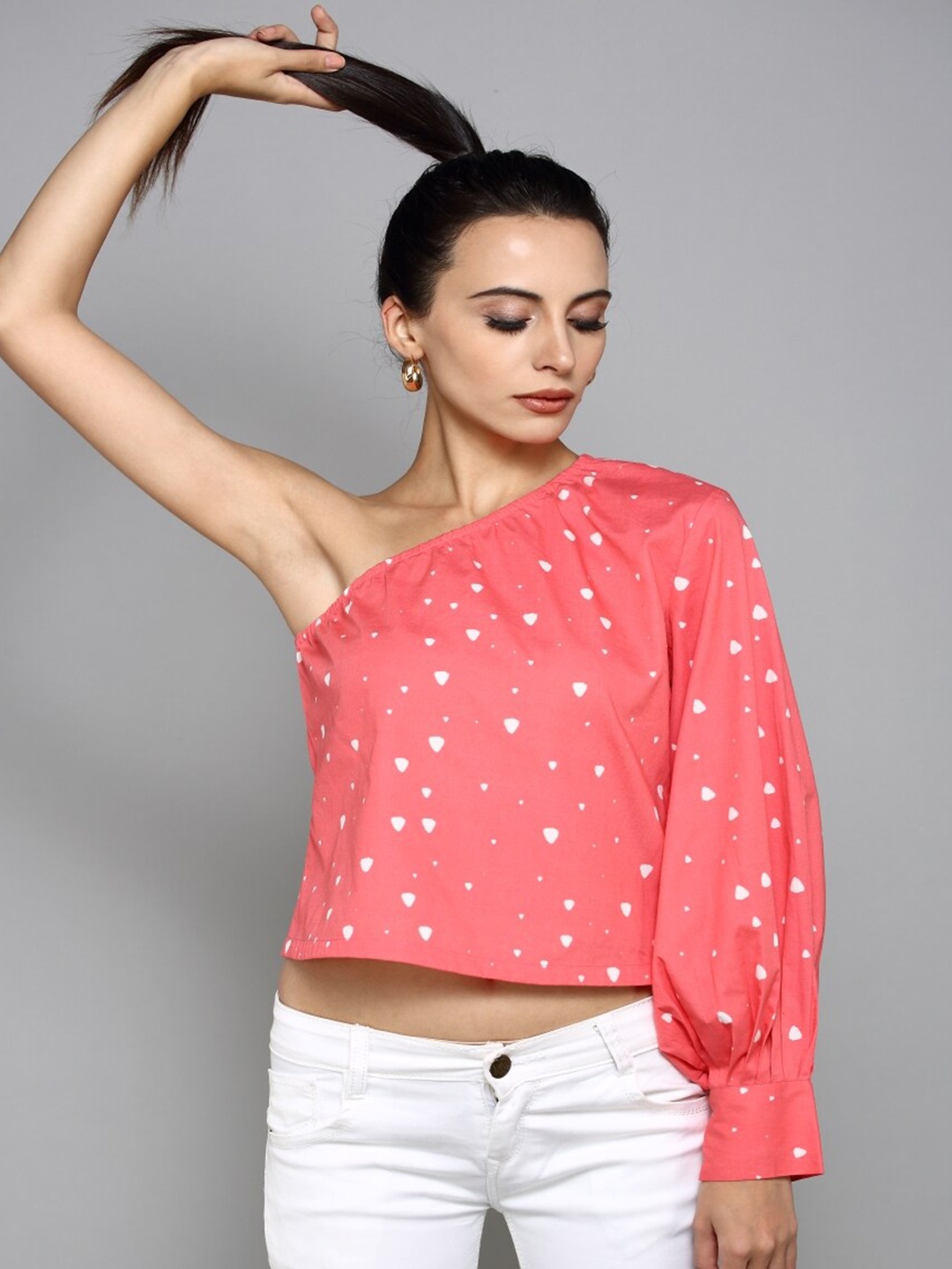 

aturabi Pink Print One Shoulder Geometric Print Crop Top