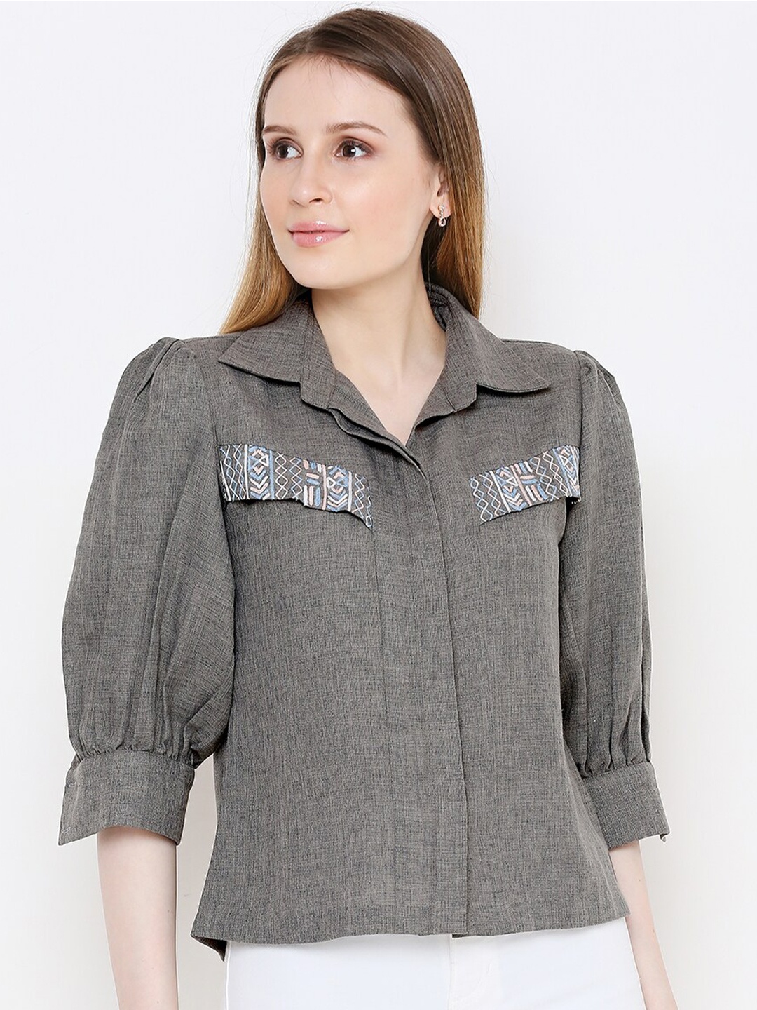 

aturabi Women Grey Embroidered Shirt Style Top